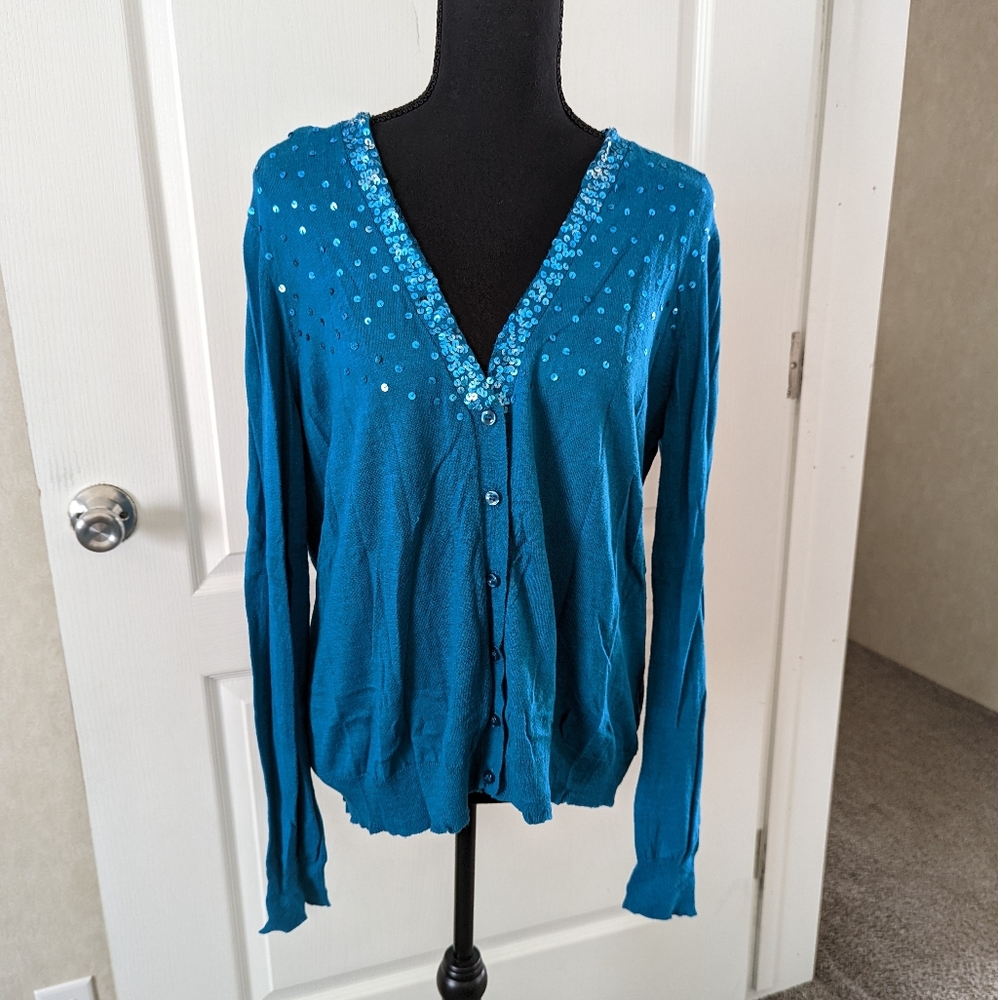💥4/$25 Jones New York Lightweight Button-Up Sequin Embellished Cardigan Size XL